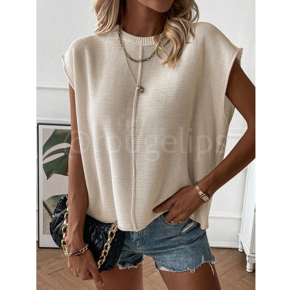 Knit Sweater Top Round Neck Sleeveless Muscle Tee Shirt - Picture 3 of 9